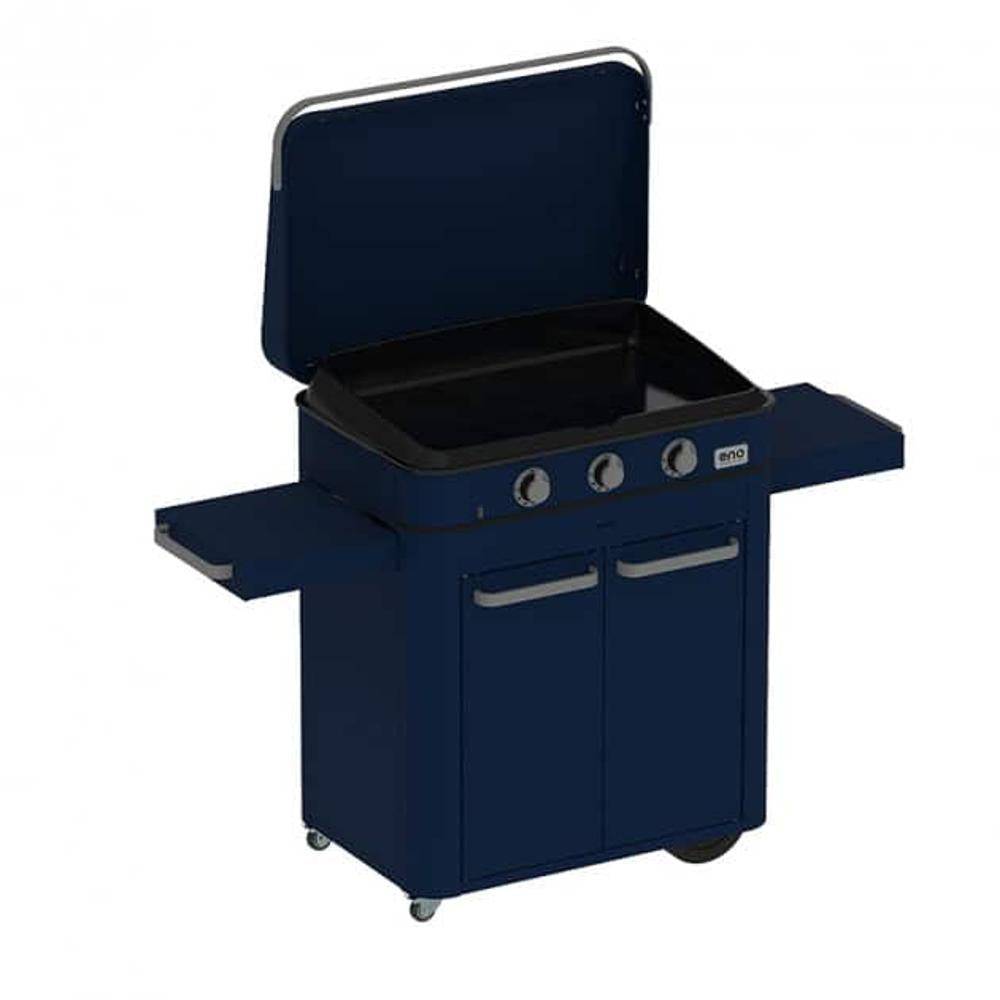 Eno - Plancha gaz fonte émaillée Enosign 80 ENO blue navy 3 brûleurs 69 X 40  avec couvercle +chariot - Image 1