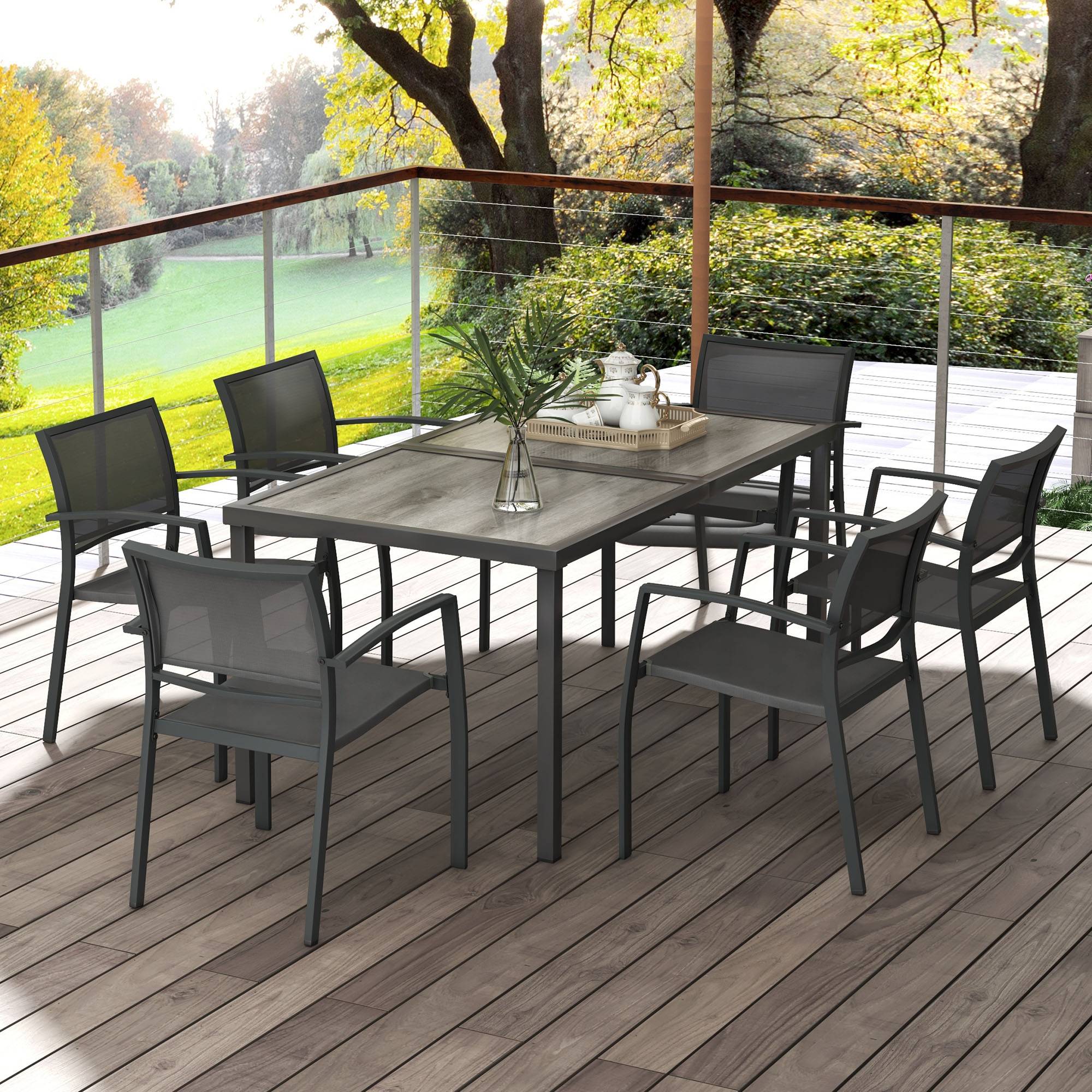 Salon de jardin 6 places acier Textilène table chaises empilables terrasse gris - ComfortXL Outdoor Living - Image 4