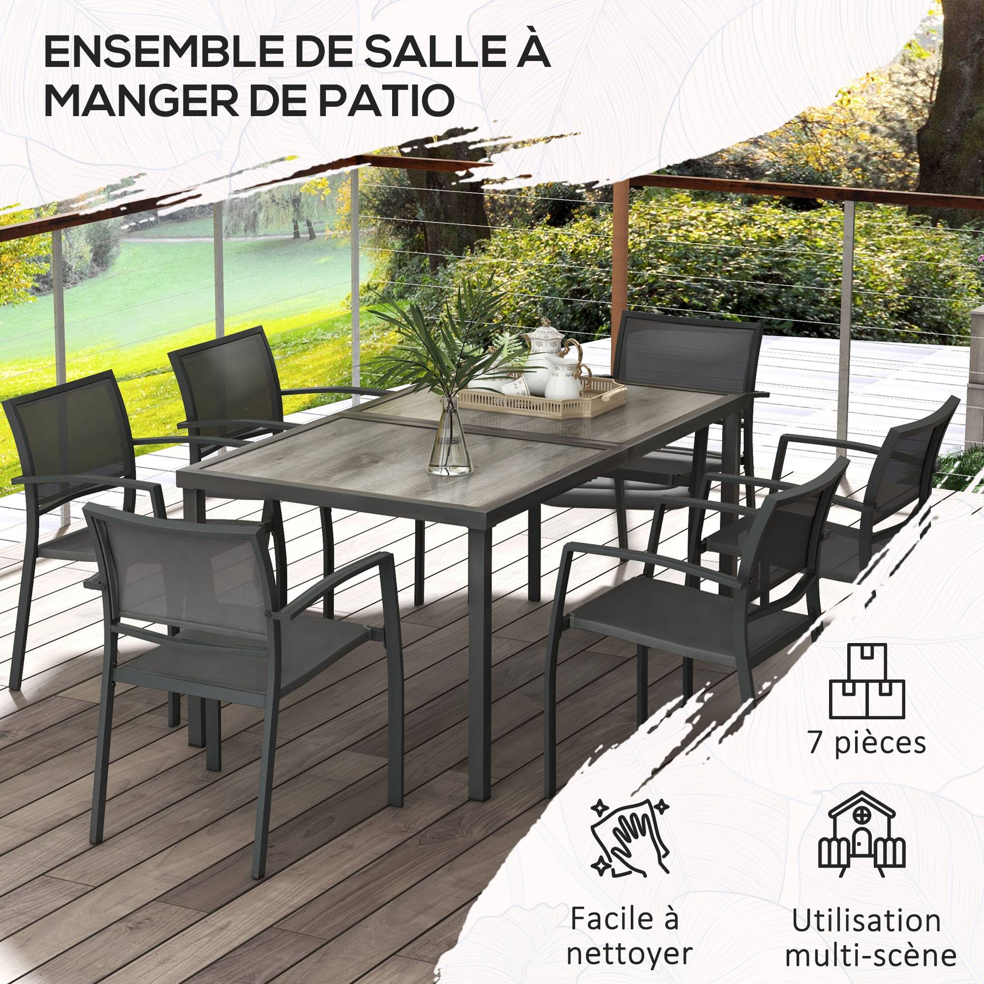 Salon de jardin 6 places acier Textilène table chaises empilables terrasse gris - ComfortXL Outdoor Living - Image 8