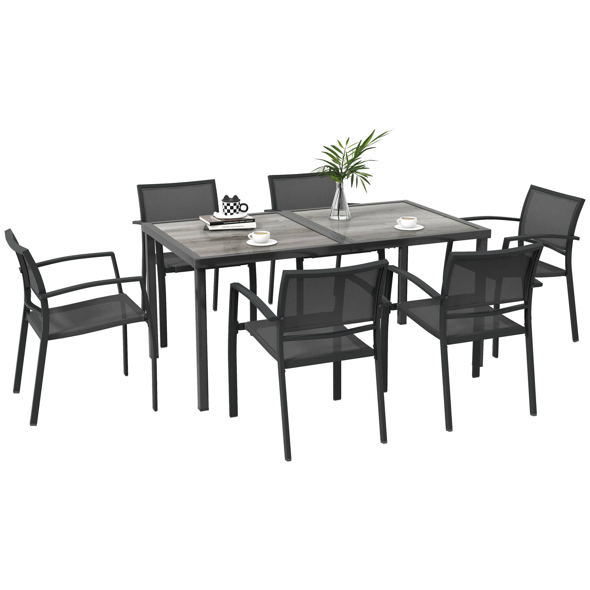 Salon de jardin 6 places acier Textilène table chaises empilables terrasse gris - ComfortXL Outdoor Living