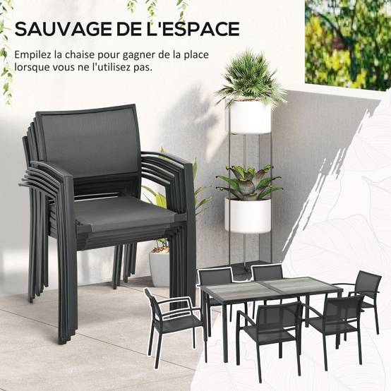 Salon de jardin 6 places acier Textilène table chaises empilables terrasse gris - ComfortXL Outdoor Living - Image 6