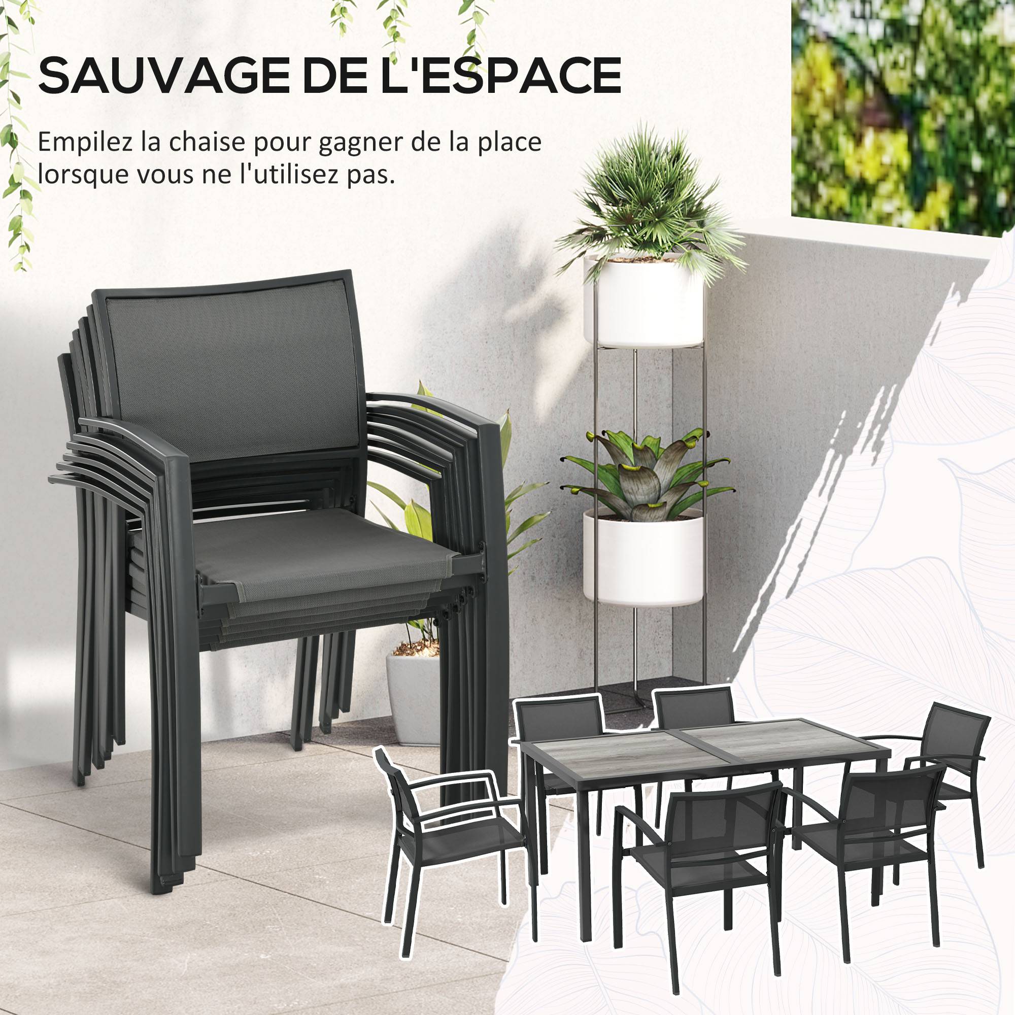 Salon de jardin 6 places acier Textilène table chaises empilables terrasse gris - ComfortXL Outdoor Living - Image 6