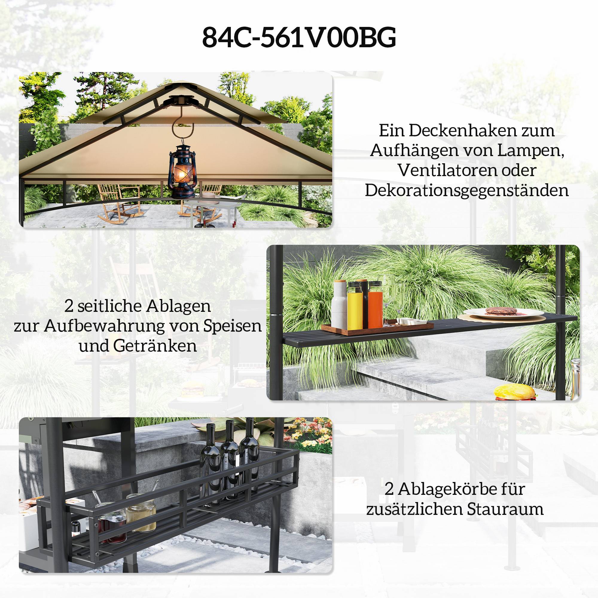 Gazebo barbecue 240x150x257 cm beige acier ignifuge imperméable double toit étagères latérales anti-UV - Image 5