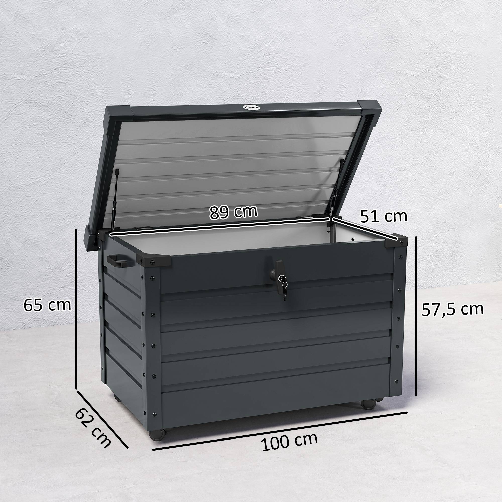 Coffre de rangement extérieur 295L, avec vérin à gaz, roulettes et poignée, en acier galvanisé, 100 x 62 x 65 cm, gris - Image 5