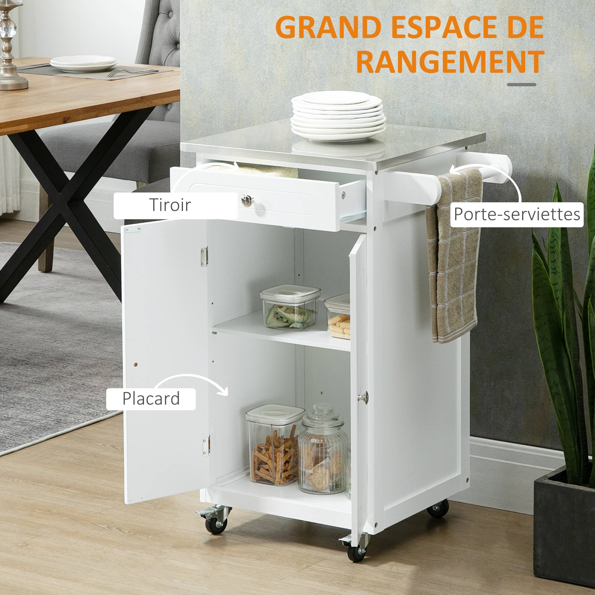 Chariot de service desserte de cuisine à roulettes multi-rangements 1 tiroir placard 2 portes avec étagère porte-torchons MDF blanc acier inoxydable - Image 6