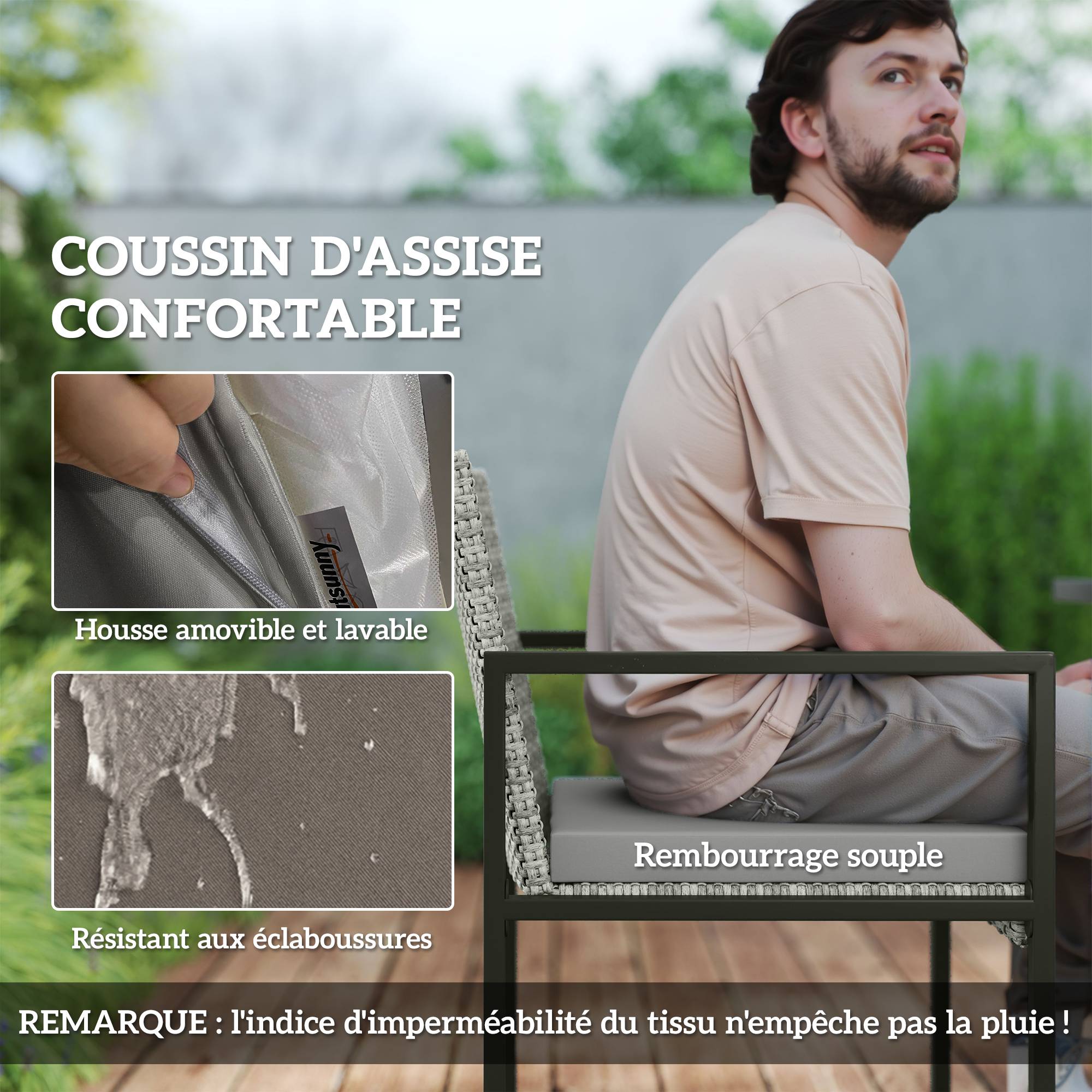 Sans Marque - Salon de jardin extérieur en résine tressée 8 places avec coussins et plateau en verre trempé, gris - Image 7