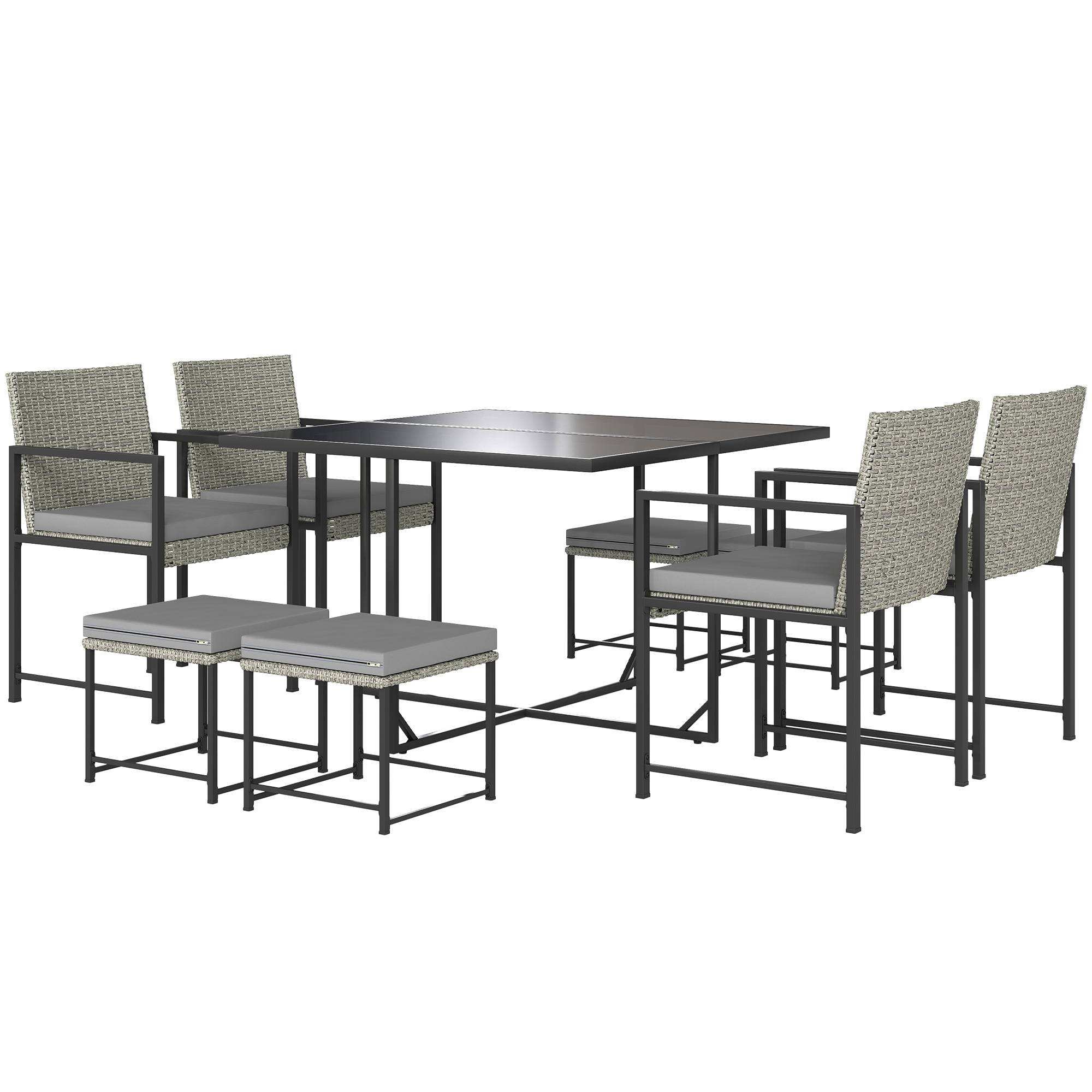 Sans Marque - Salon de jardin extérieur en résine tressée 8 places avec coussins et plateau en verre trempé, gris - Image 2
