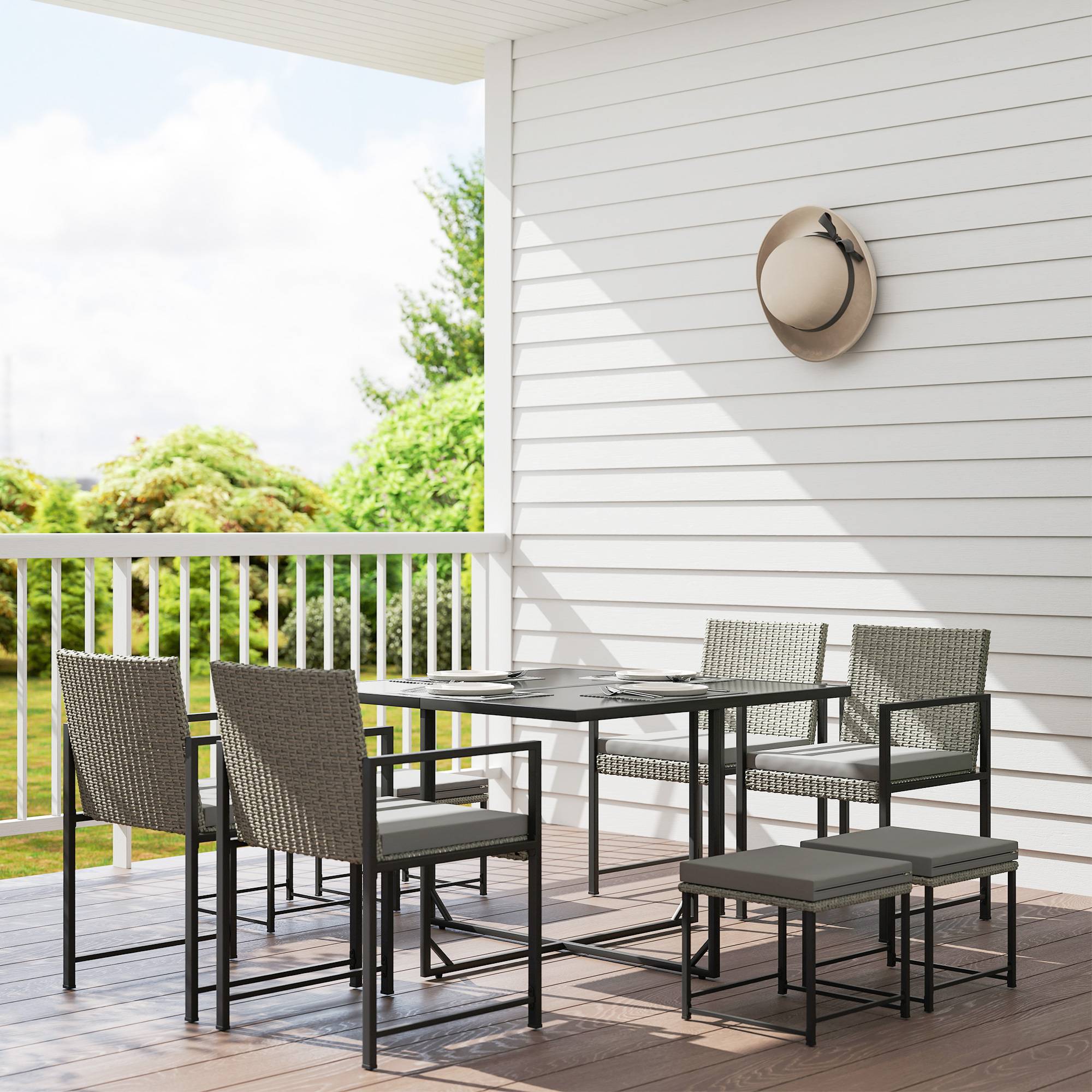 Sans Marque - Salon de jardin extérieur en résine tressée 8 places avec coussins et plateau en verre trempé, gris - Image 3