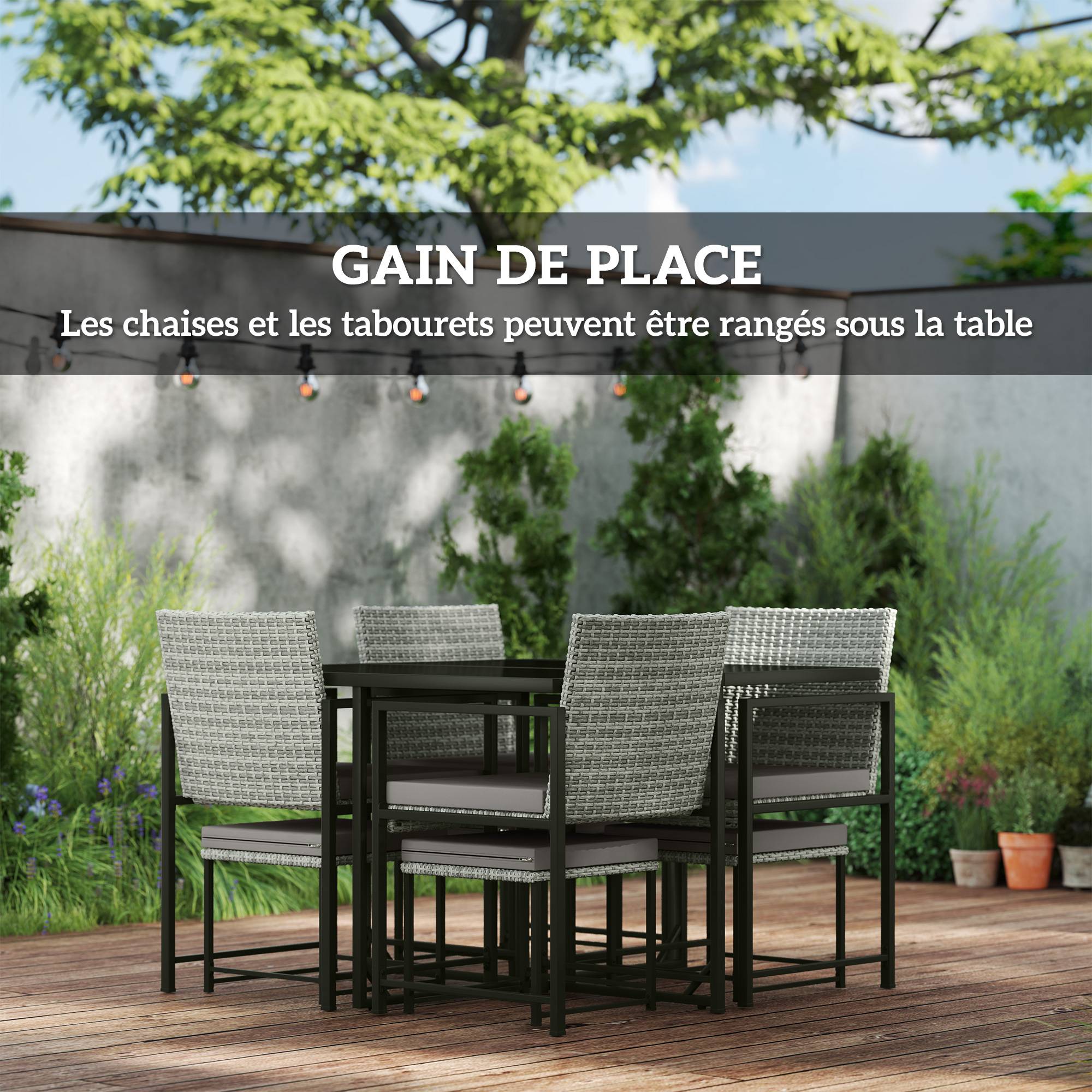 Sans Marque - Salon de jardin extérieur en résine tressée 8 places avec coussins et plateau en verre trempé, gris - Image 6