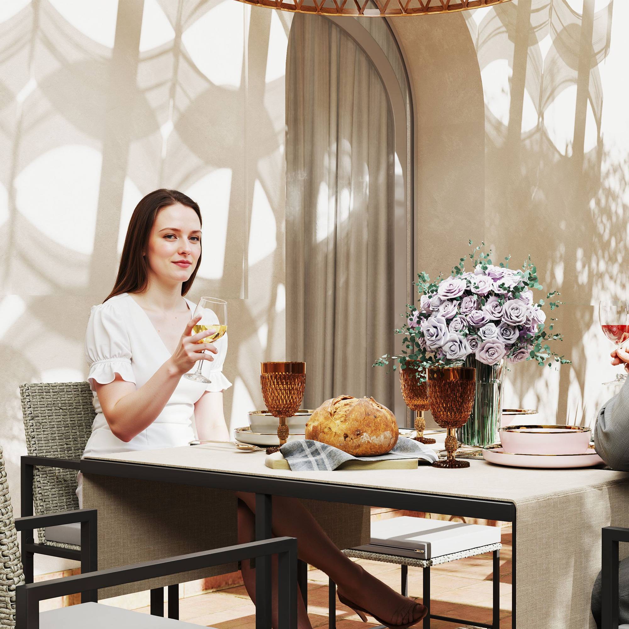 Sans Marque - Salon de jardin extérieur en résine tressée 8 places avec coussins et plateau en verre trempé, gris - Image 10