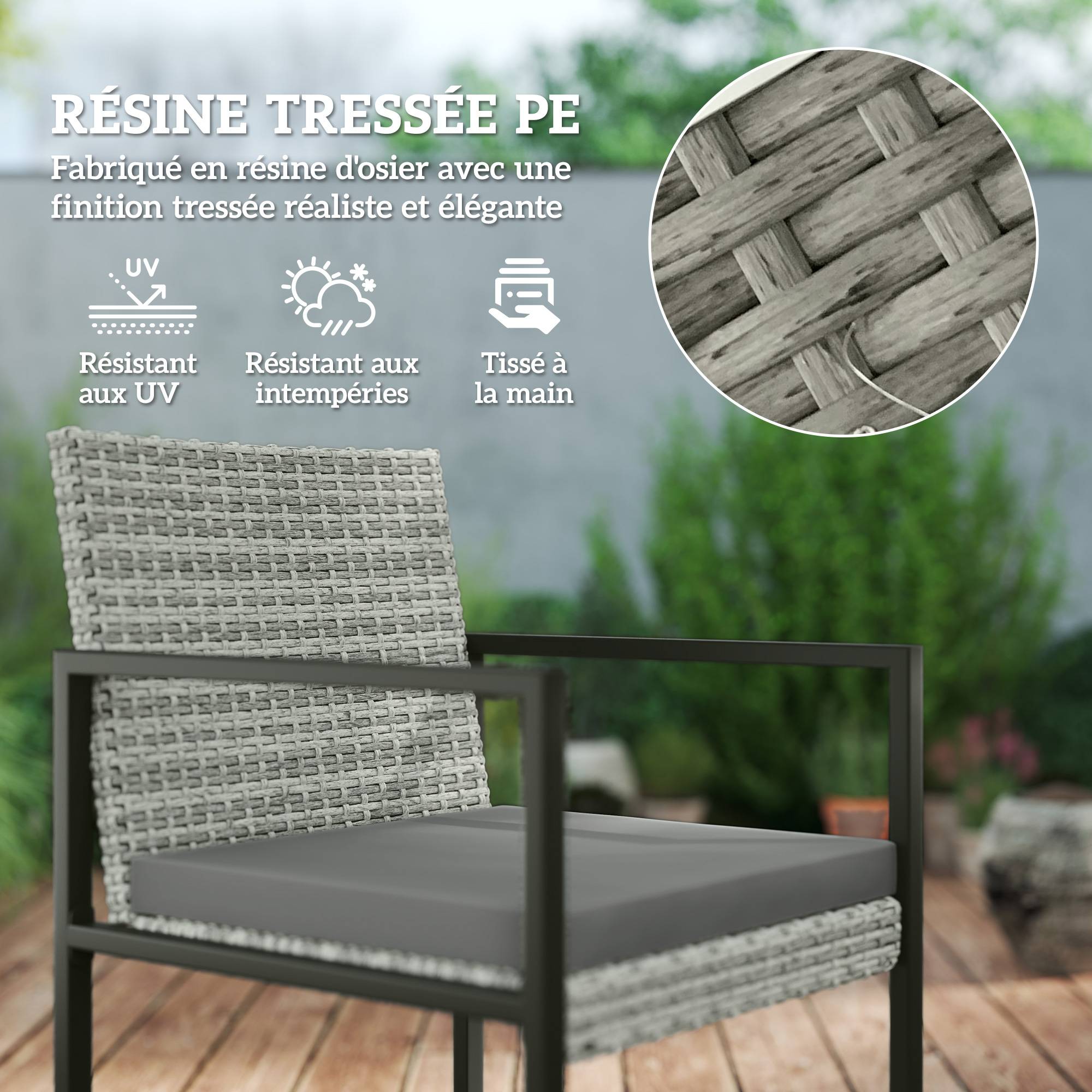 Sans Marque - Salon de jardin extérieur en résine tressée 8 places avec coussins et plateau en verre trempé, gris - Image 8
