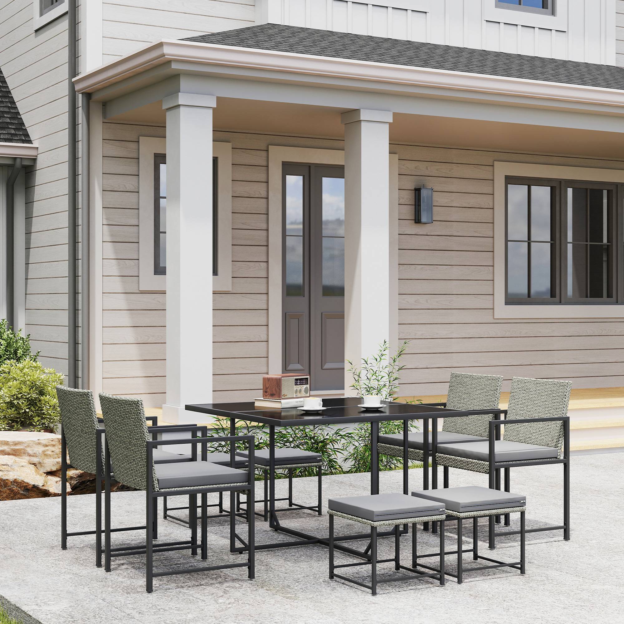 Sans Marque - Salon de jardin extérieur en résine tressée 8 places avec coussins et plateau en verre trempé, gris - Image 4