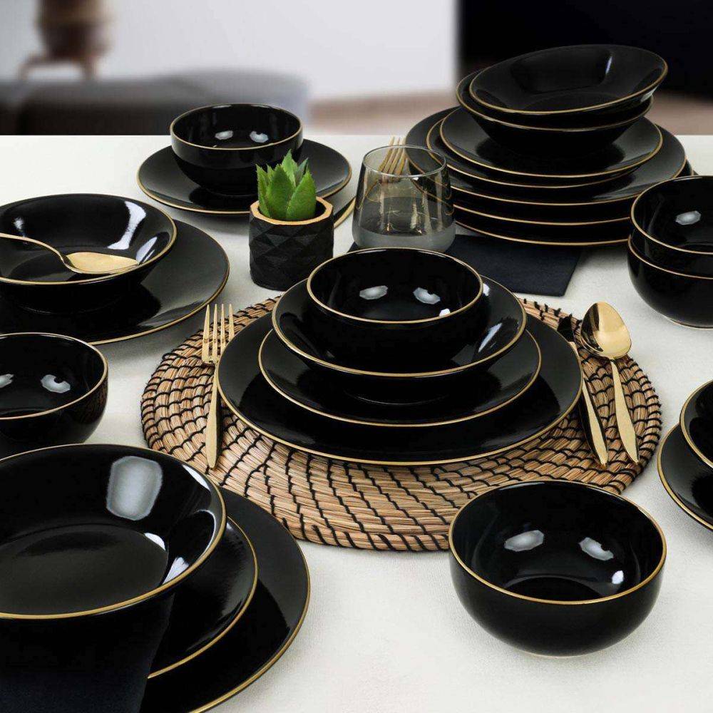 Hanah Home - Service de table en céramique noir liseré doré Dinner 24 pièces - Image 2