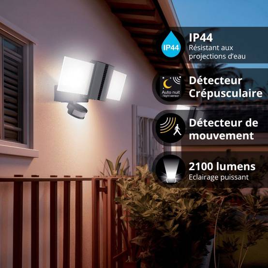 Xanlite - Projecteur mural PMMA 2 têtes 30W (2x15W), IP44, détecteur de mouvement, 2100 lumens, Blanc froid - PR30WM2TFLD - Image 4
