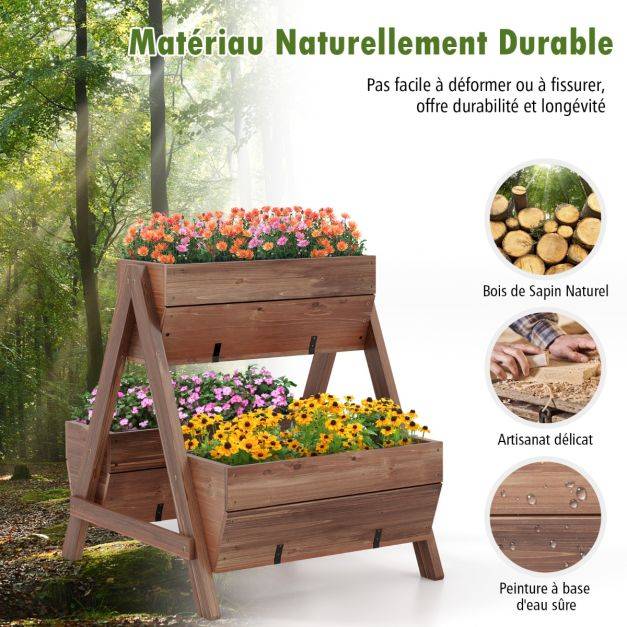Helloshop26 - Jardinière surélevée en bois de sapin 3 bacs à fleurs trous de drainage jardinière sur pieds légumes fleurs fruits brun - Image 3