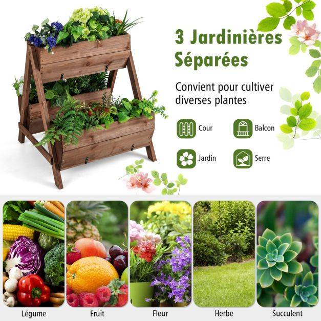 Helloshop26 - Jardinière surélevée en bois de sapin 3 bacs à fleurs trous de drainage jardinière sur pieds légumes fleurs fruits brun - Image 4