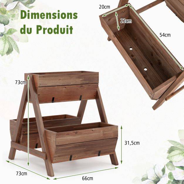 Helloshop26 - Jardinière surélevée en bois de sapin 3 bacs à fleurs trous de drainage jardinière sur pieds légumes fleurs fruits brun - Image 5