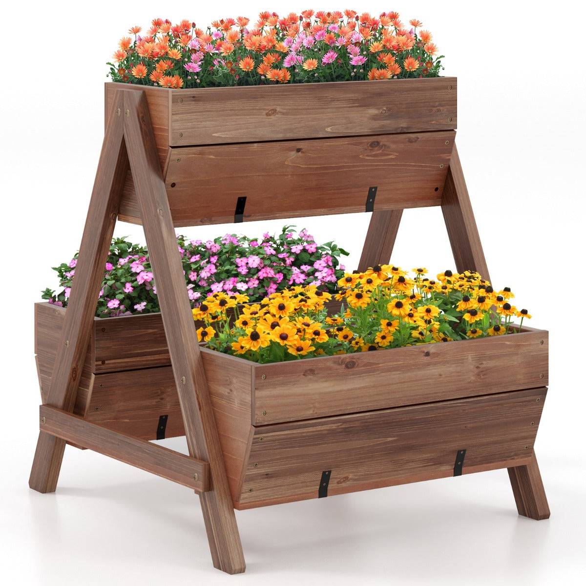 Helloshop26 - Jardinière surélevée en bois de sapin 3 bacs à fleurs trous de drainage jardinière sur pieds légumes fleurs fruits brun - Image 1