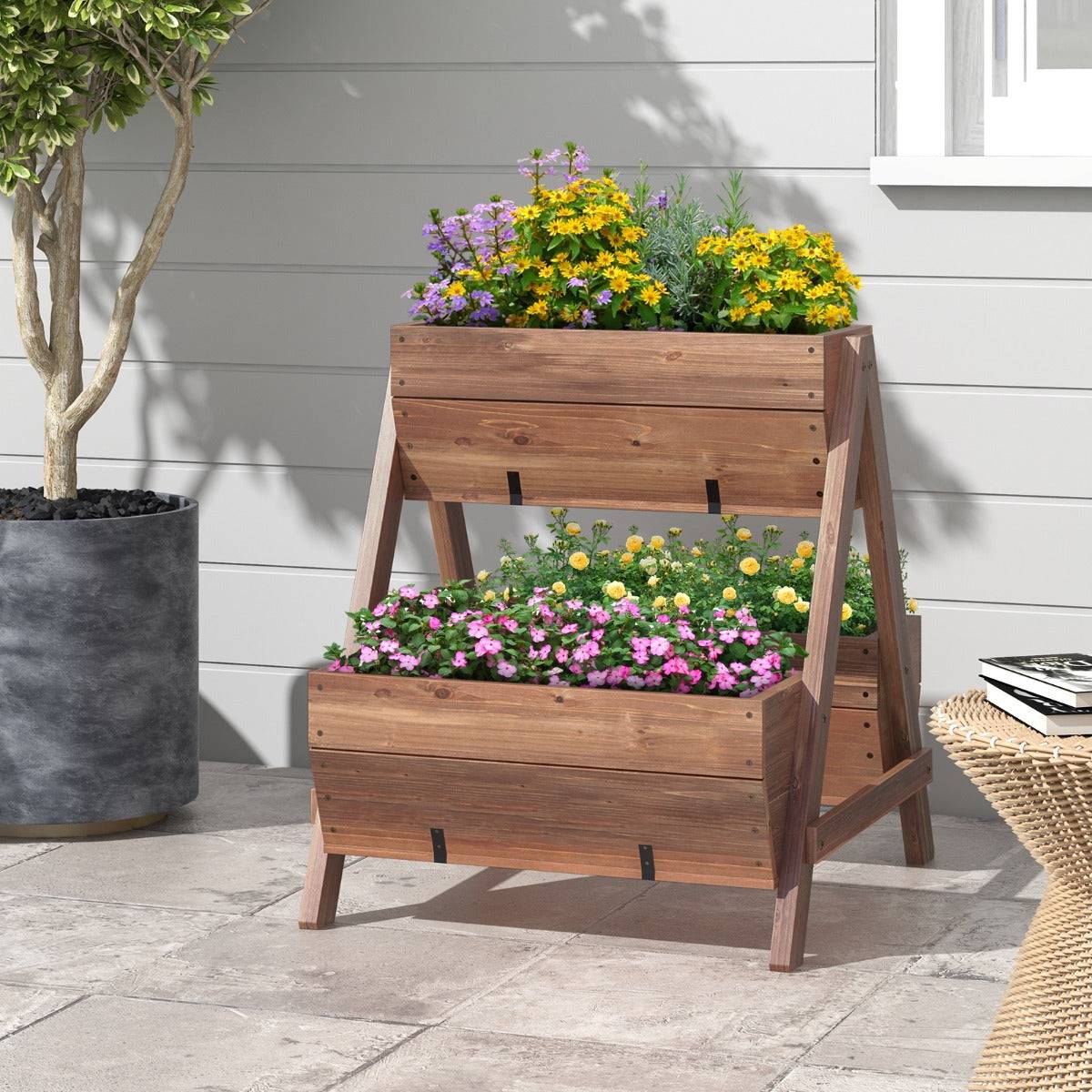Helloshop26 - Jardinière surélevée en bois de sapin 3 bacs à fleurs trous de drainage jardinière sur pieds légumes fleurs fruits brun - Image 2