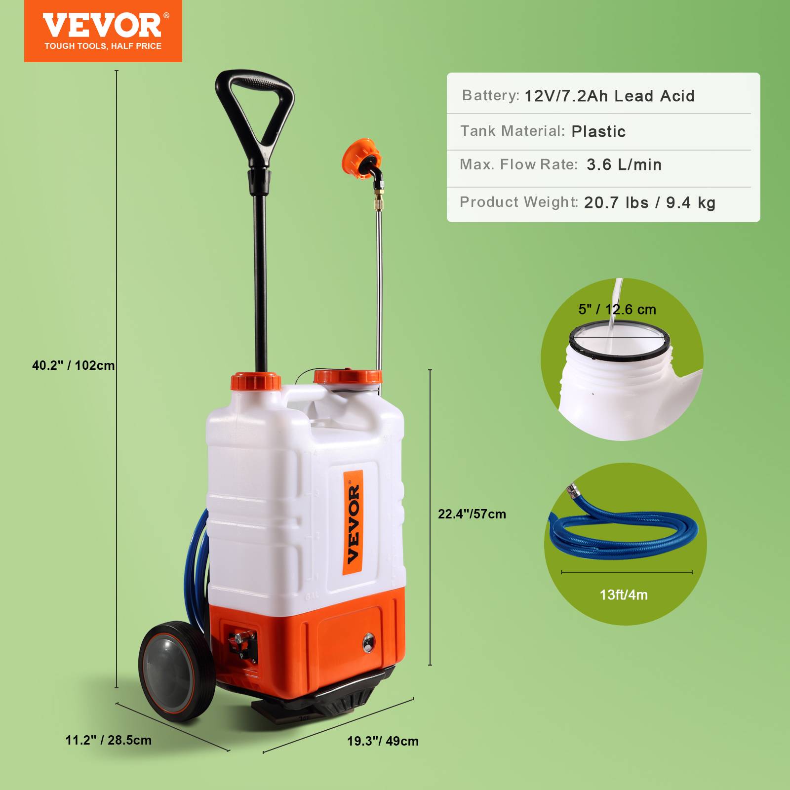 VEVOR Pulvérisateur à dos à batterie avec roue, réservoir 15L, 0-94 PSI. - Image 7