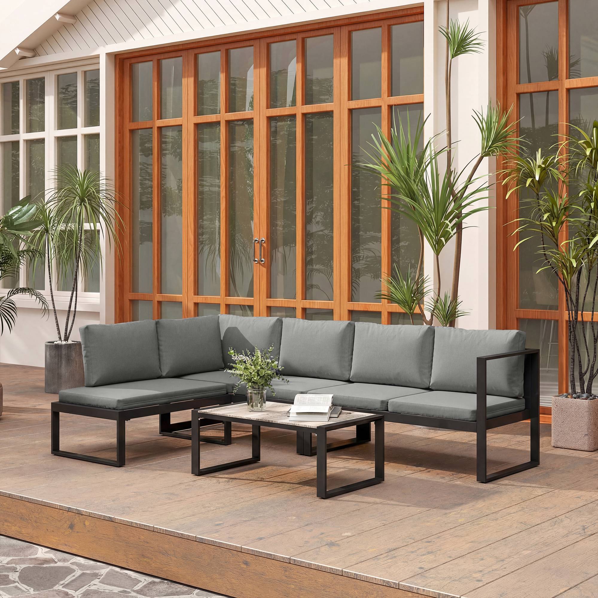 Outsunny - Salon de Jardin Extérieur d'Angle 5 Personnes - Canapés, Chaise et Table - Métal Textilène - Gris Foncé - Outsunny - Image 8