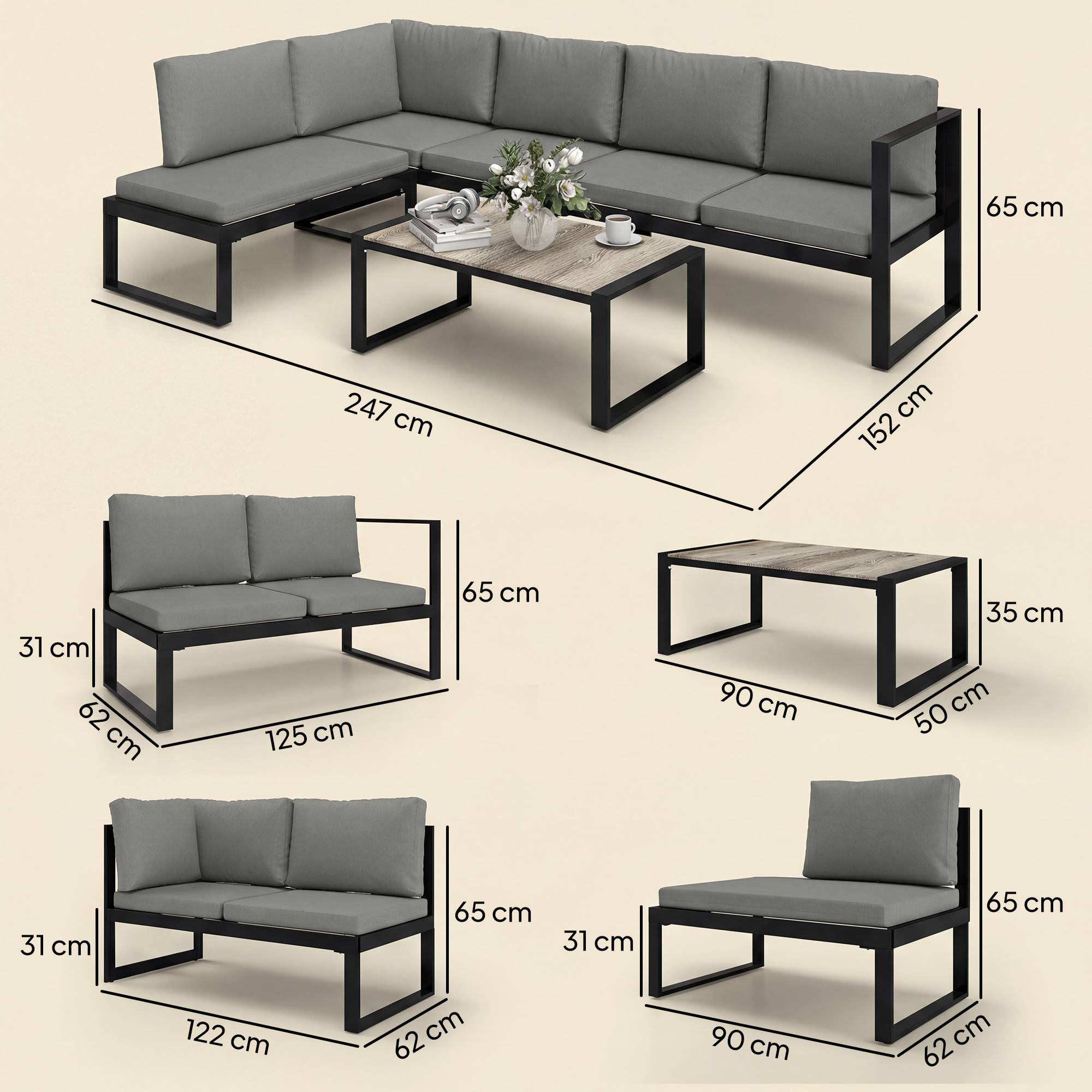 Outsunny - Salon de Jardin Extérieur d'Angle 5 Personnes - Canapés, Chaise et Table - Métal Textilène - Gris Foncé - Outsunny - Image 3