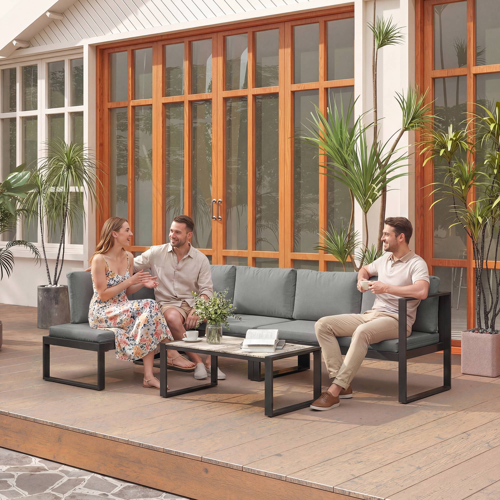Outsunny - Salon de Jardin Extérieur d'Angle 5 Personnes - Canapés, Chaise et Table - Métal Textilène - Gris Foncé - Outsunny - Image 6