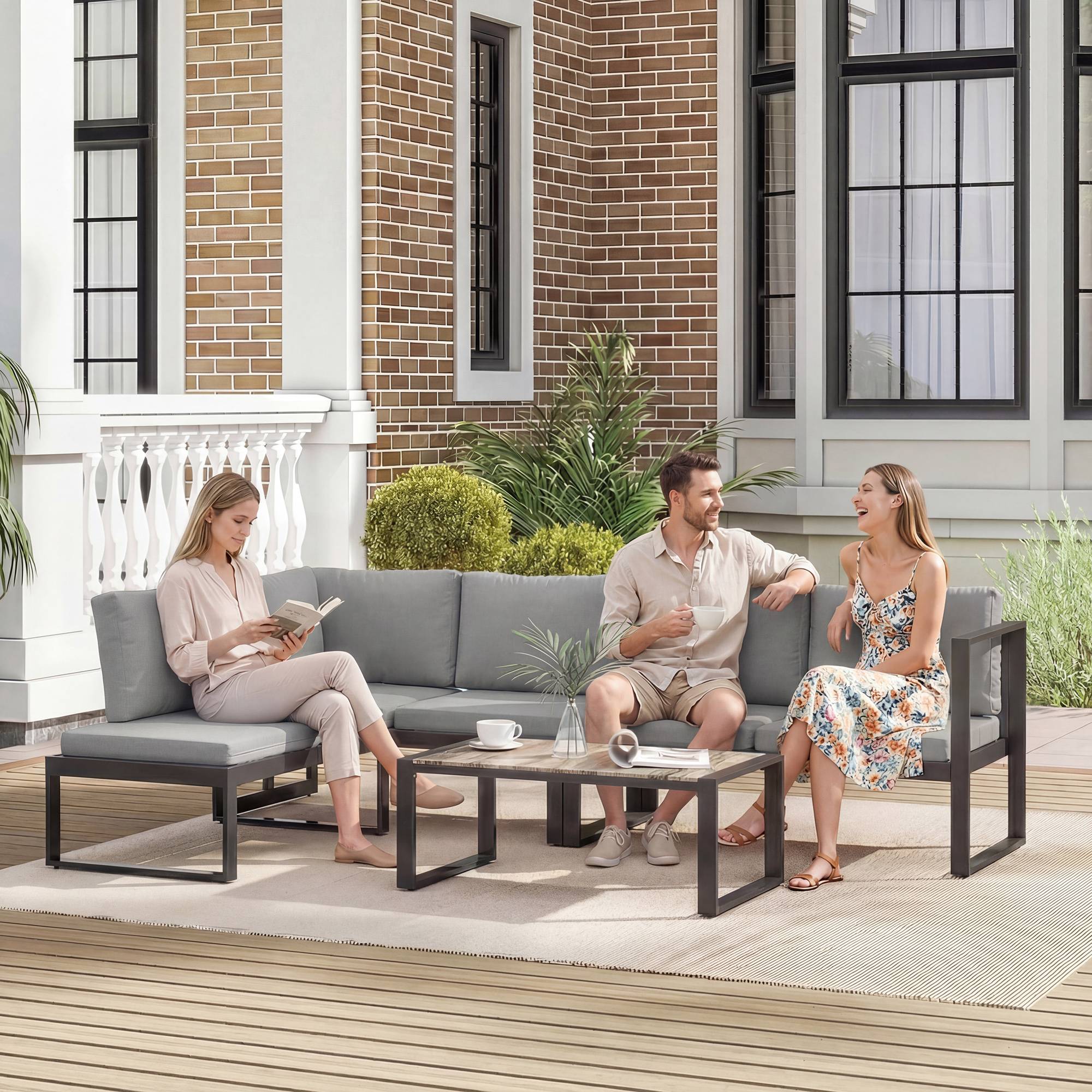Outsunny - Salon de Jardin Extérieur d'Angle 5 Personnes - Canapés, Chaise et Table - Métal Textilène - Gris Foncé - Outsunny - Image 2