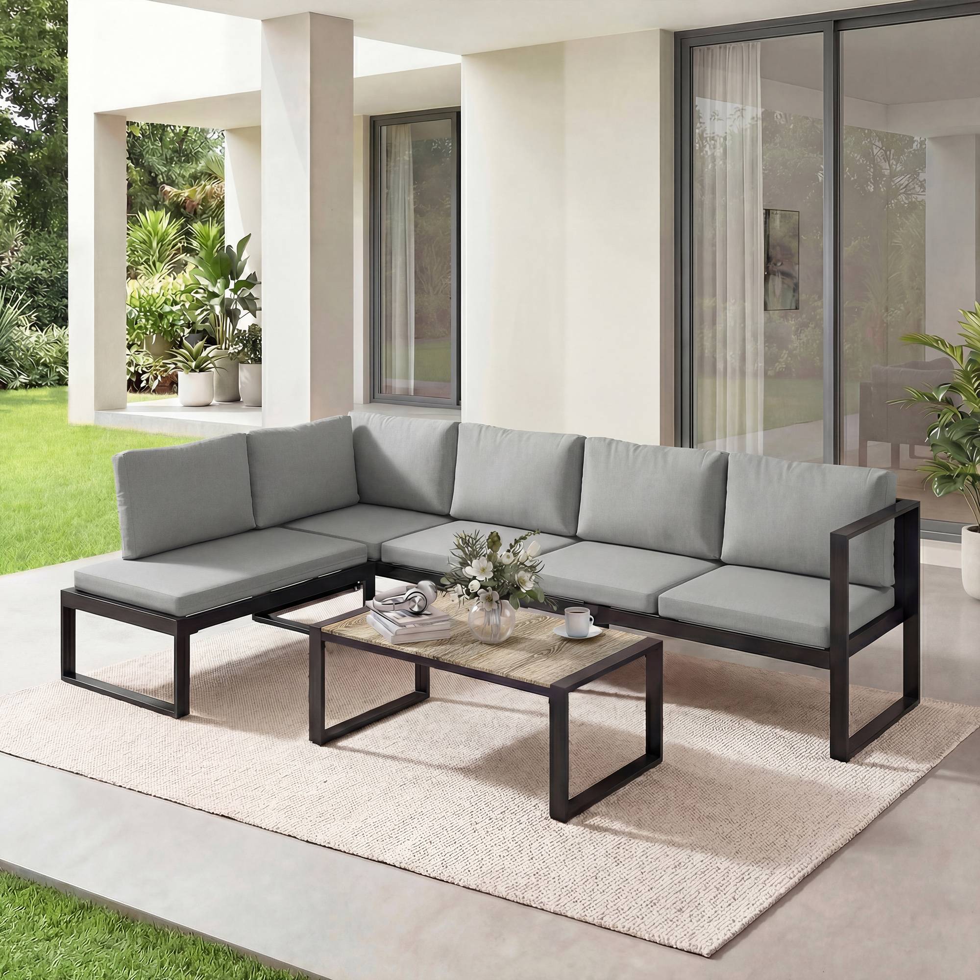 Outsunny - Salon de Jardin Extérieur d'Angle 5 Personnes - Canapés, Chaise et Table - Métal Textilène - Gris Foncé - Outsunny - Image 4