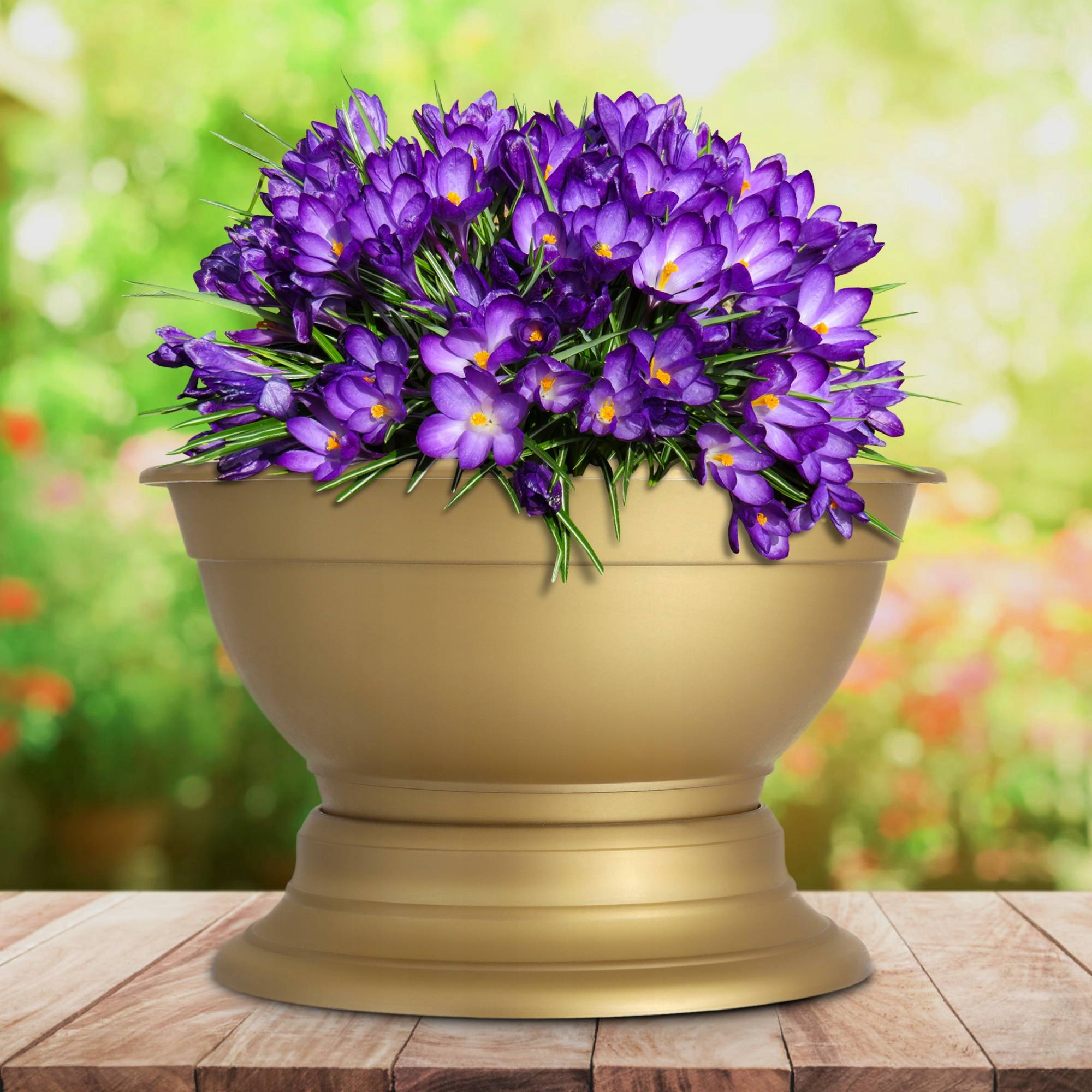 Pot à fleurs avec pied - Résistant aux intempéries - En plastique - Diamètre: 29,5 cm - Doré - Image 8