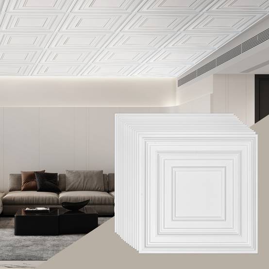 VEVOR Dalles plafond, lot 12, 24x24 po, PVC, installation facile. À coller, décoration maison/bureau, blanc. - Image 1