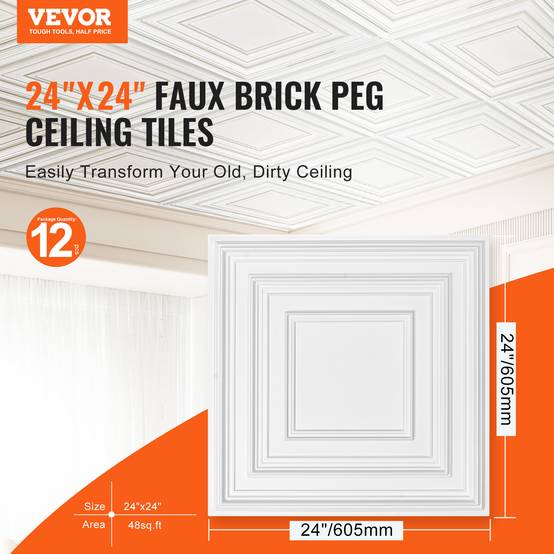VEVOR Dalles plafond, lot 12, 24x24 po, PVC, installation facile. À coller, décoration maison/bureau, blanc. - Image 2