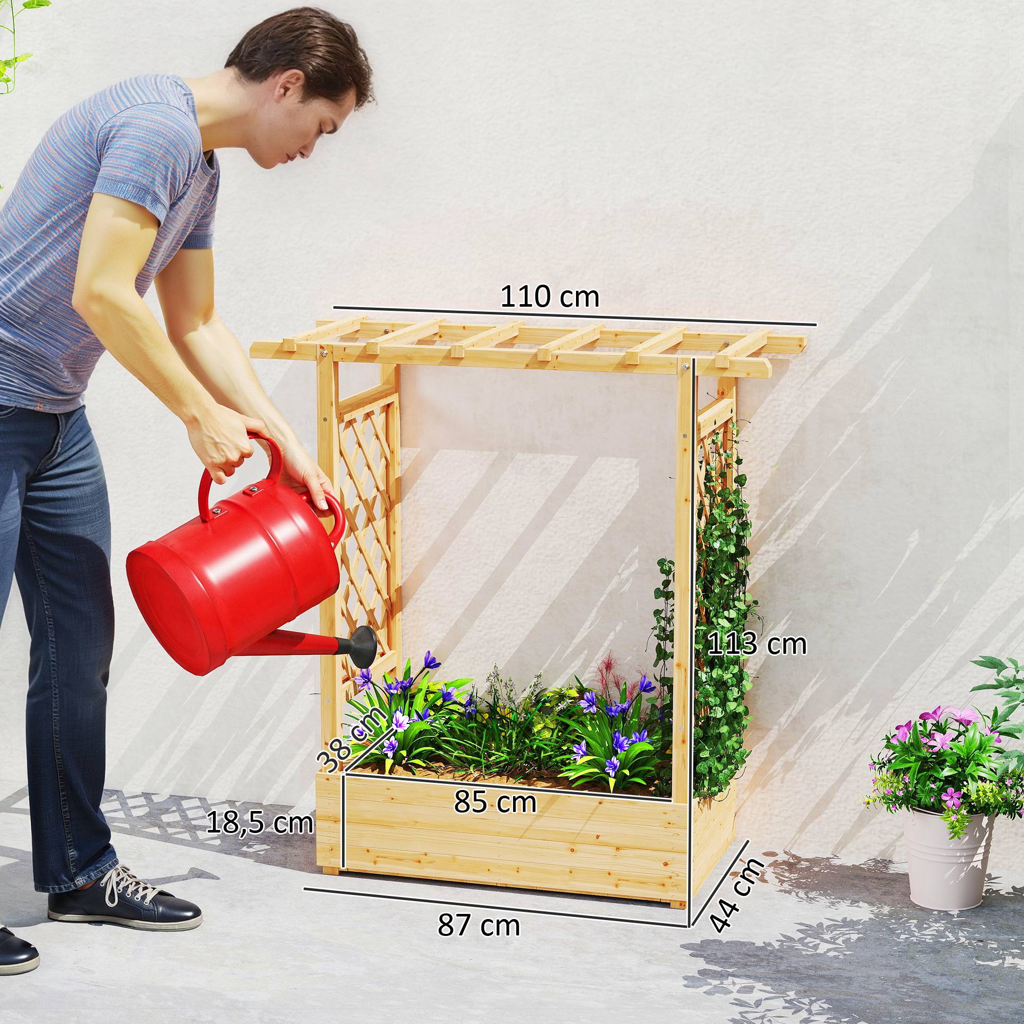 Jardinière surélevée avec treillis latéral et supérieur, bac à fleurs trous de drainage, 110x44x113cm, bois naturel - Image 5