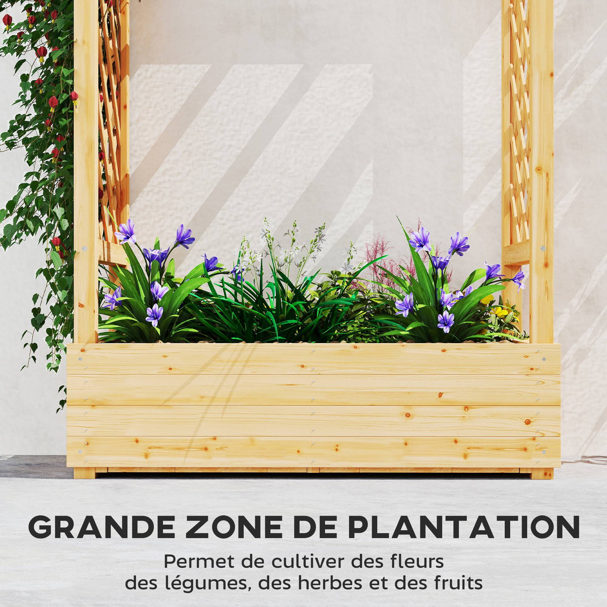 Jardinière surélevée avec treillis latéral et supérieur, bac à fleurs trous de drainage, 110x44x113cm, bois naturel - Image 6
