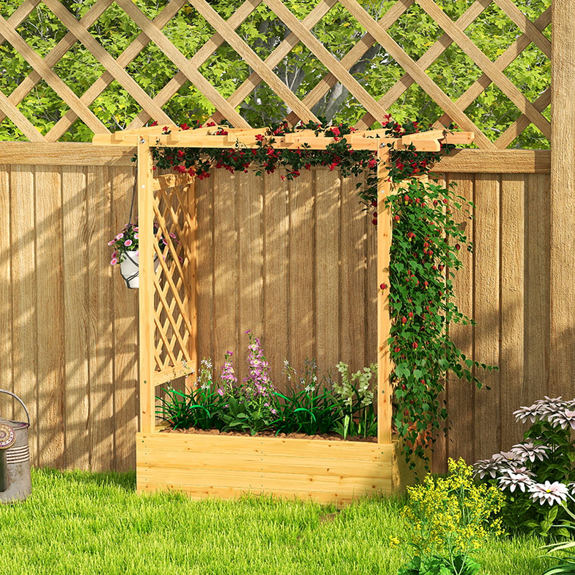 Jardinière surélevée avec treillis latéral et supérieur, bac à fleurs trous de drainage, 110x44x113cm, bois naturel - Image 10