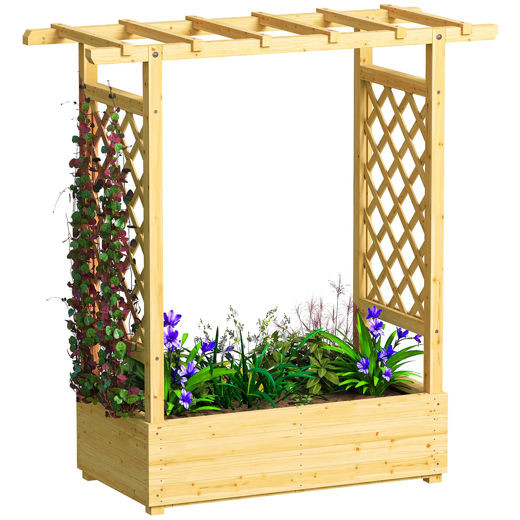 Jardinière surélevée avec treillis latéral et supérieur, bac à fleurs trous de drainage, 110x44x113cm, bois naturel - Image 1