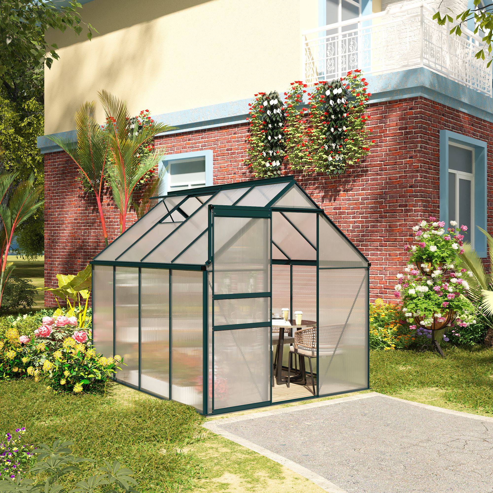 Serre de jardin rigide panneaux polycarbonate et structure aluminium pour culture de potager 190x253x199cm vert - Image 3