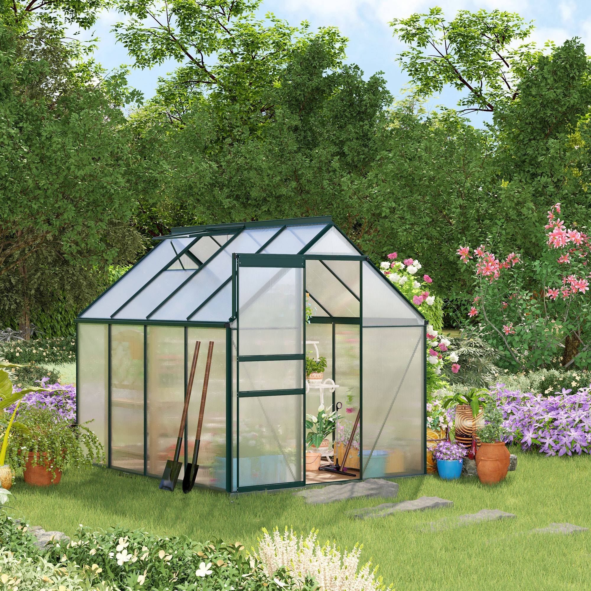 Serre de jardin rigide panneaux polycarbonate et structure aluminium pour culture de potager 190x253x199cm vert - Image 4