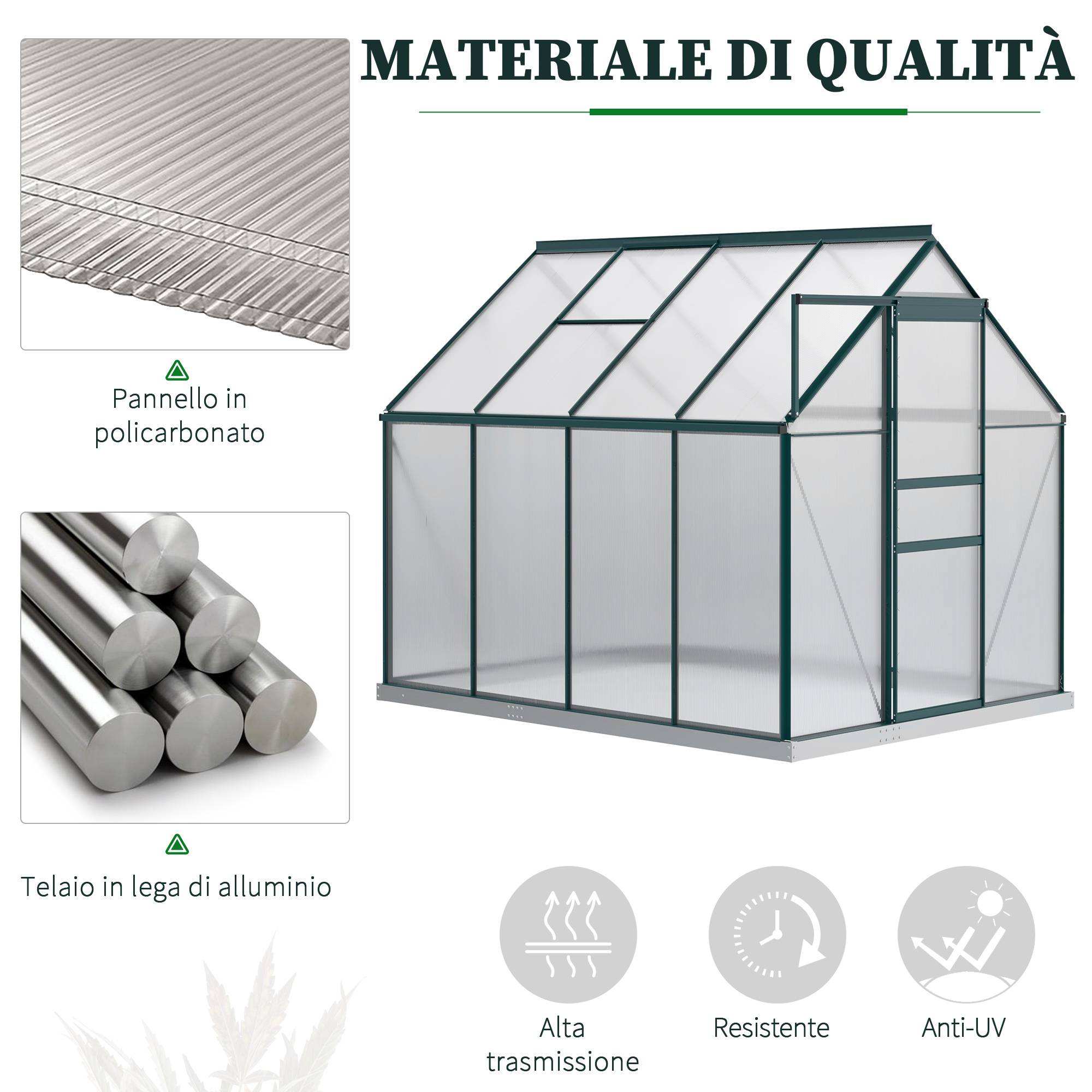 Serre de jardin rigide panneaux polycarbonate et structure aluminium pour culture de potager 190x253x199cm vert - Image 6