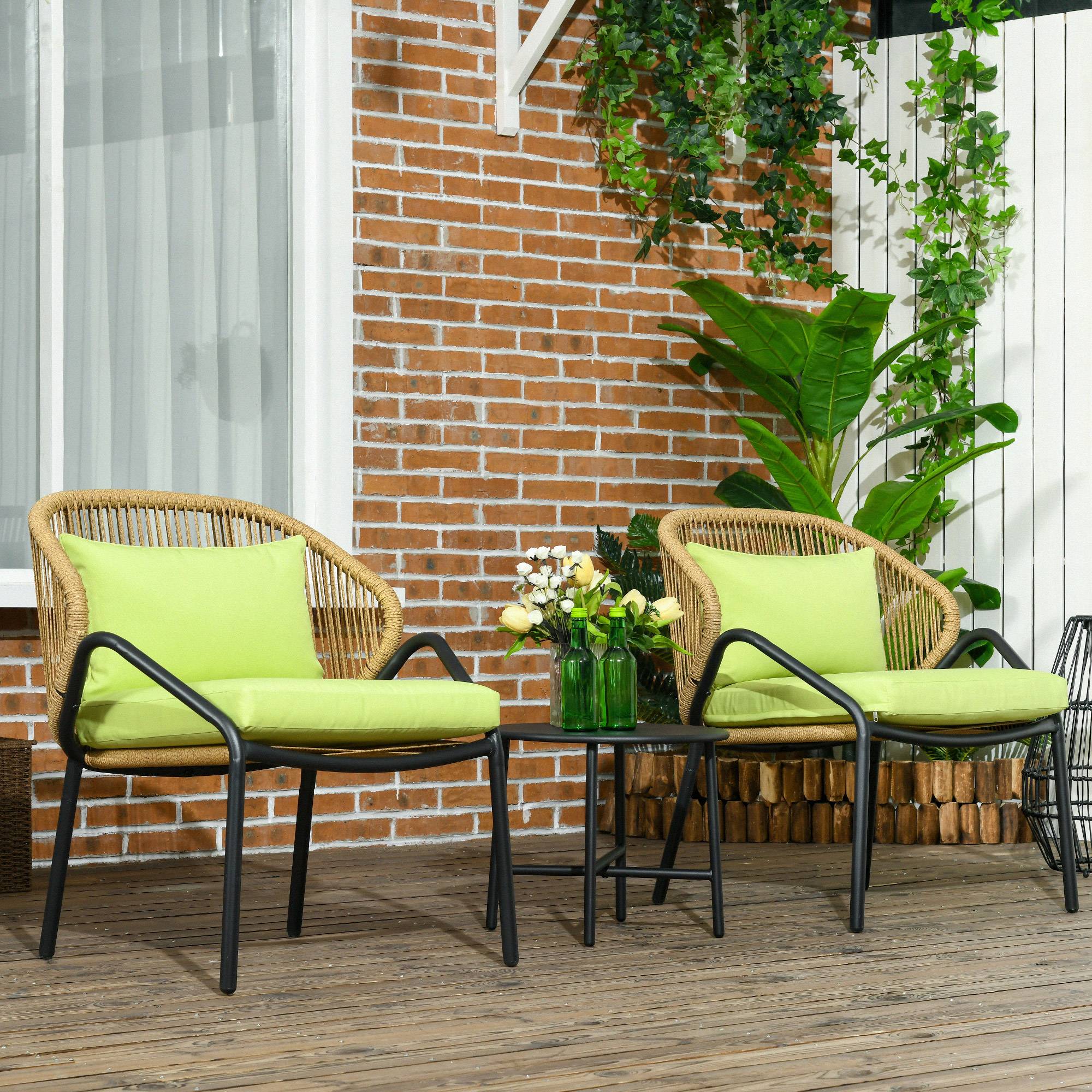 Ensemble salon jardin 2 fauteuils résine tressée table basse acier vert – ComfortXL Outdoor Living - Image 1