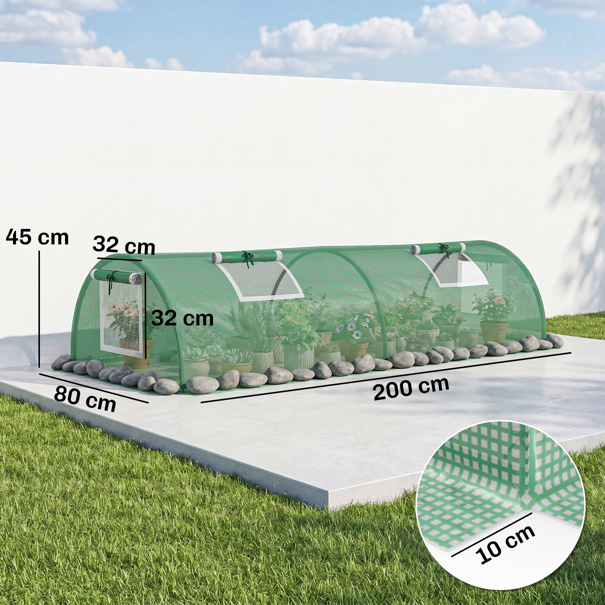 Mini Serre de Jardin mini serre tunnel à tomates 200 x 80 x 45 cm Acier PE Anti-UV 4 portes en filet enroulables vert - Image 5
