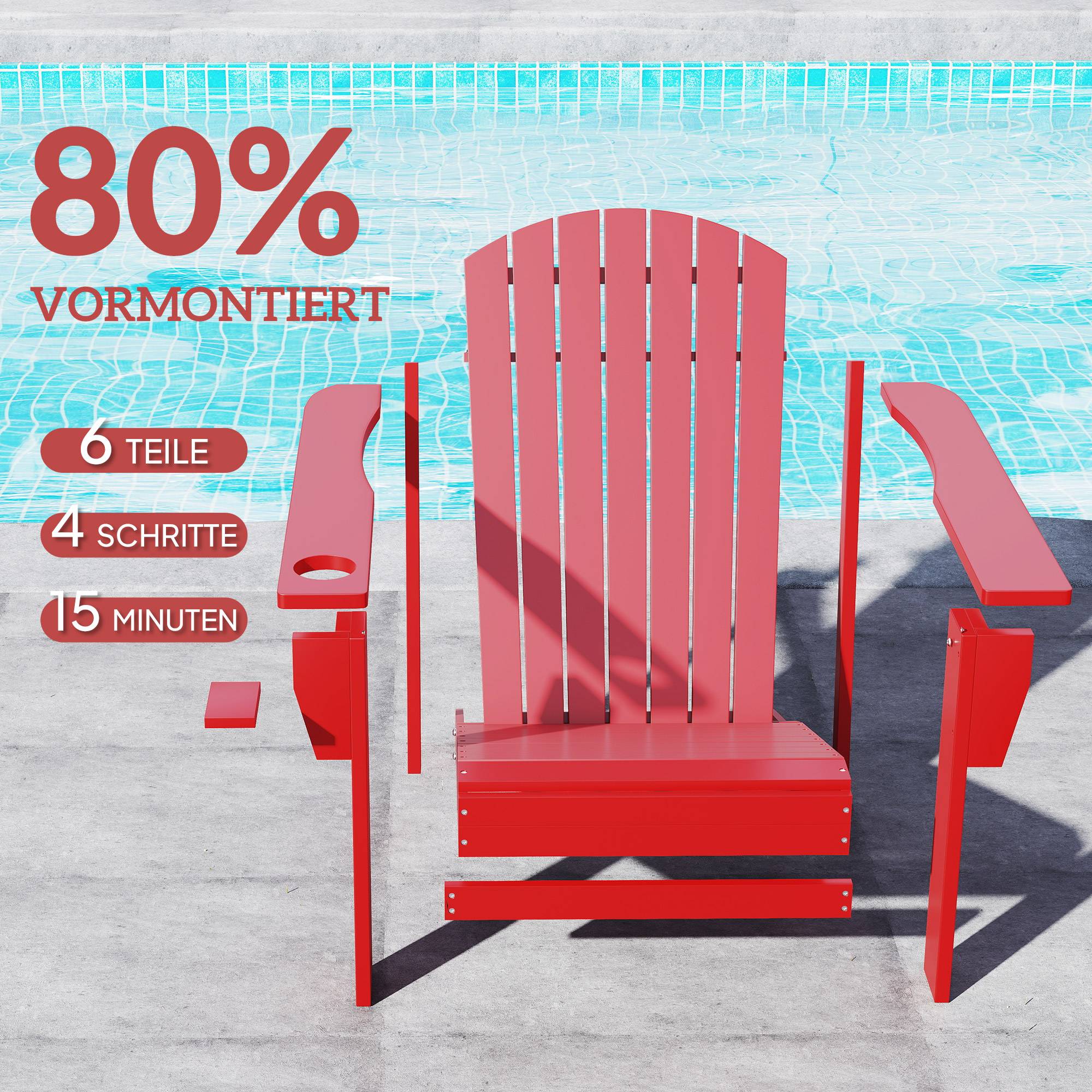 Fauteuil de jardin Andirondack, chaise d'extérieur, 72 cm x 97 cm x 92 cm, rouge - Image 7