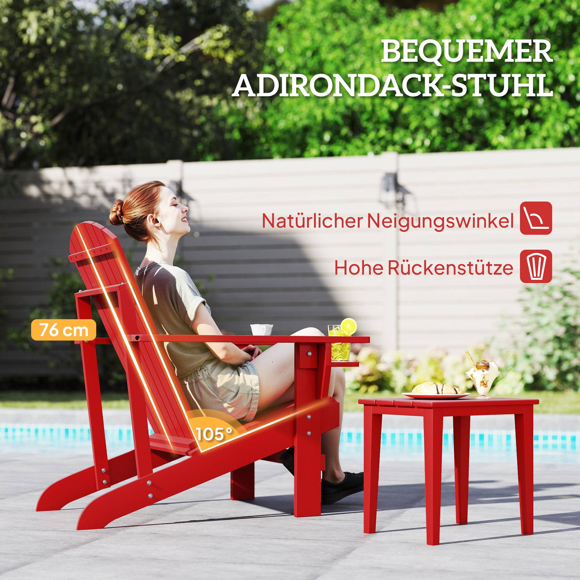 Fauteuil de jardin Andirondack, chaise d'extérieur, 72 cm x 97 cm x 92 cm, rouge - Image 6