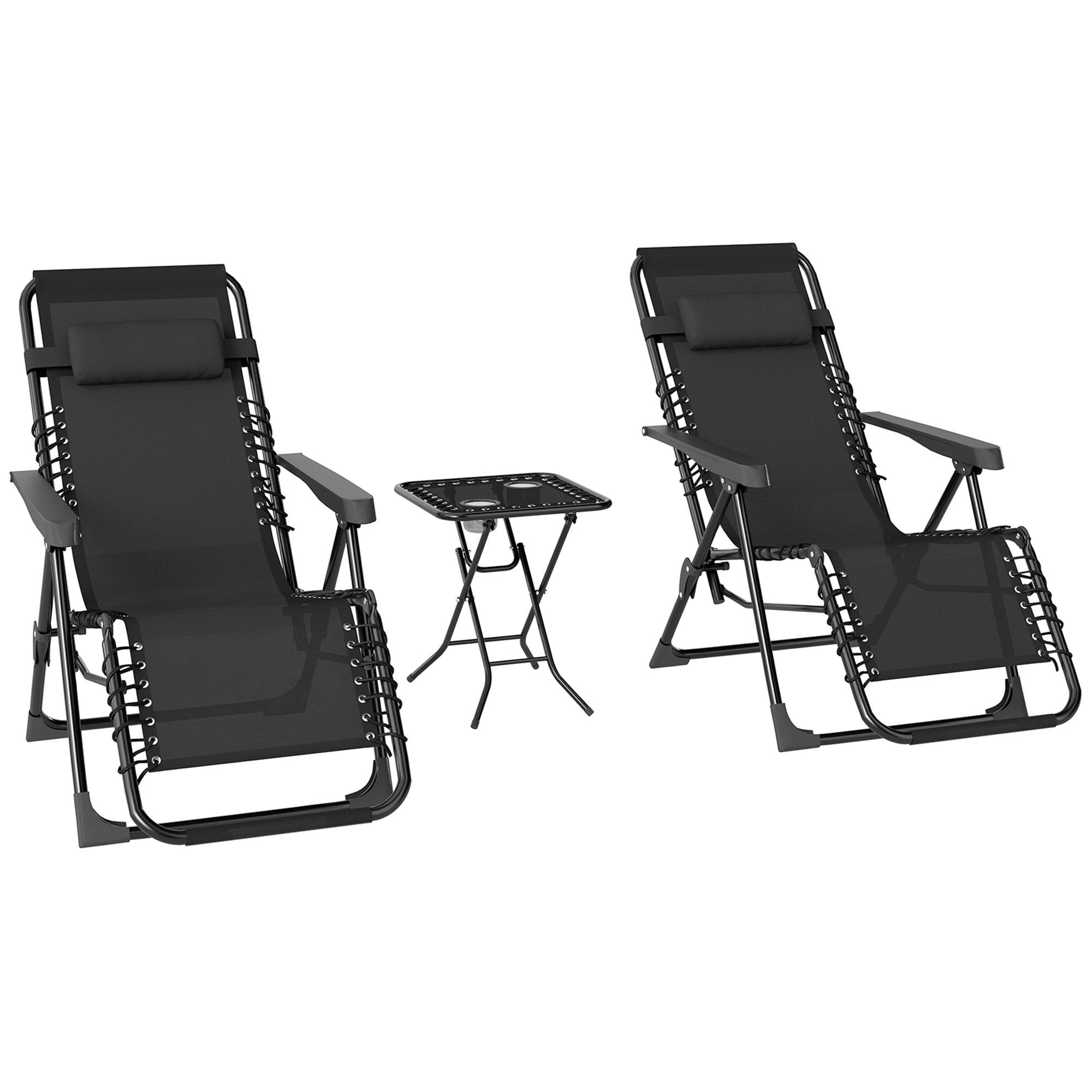 Outsunny - Lot 2 chaises longues pliables inclinables avec table d'appoint gravité zéro porte-gobelets appuie-tête charge 120kg noir - Outsunny - Image 1