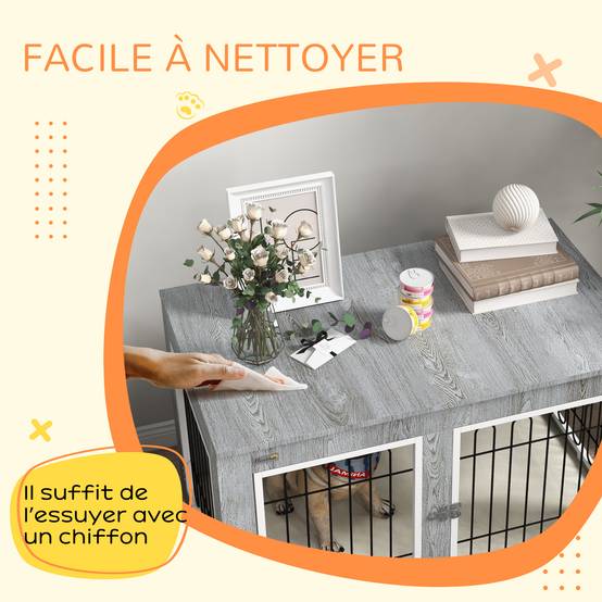 Cage chien intérieur Acier Bois Table d'appoint avec Coussin 90x58x65cm Gris - ComfortXL Outdoor Living - Image 9