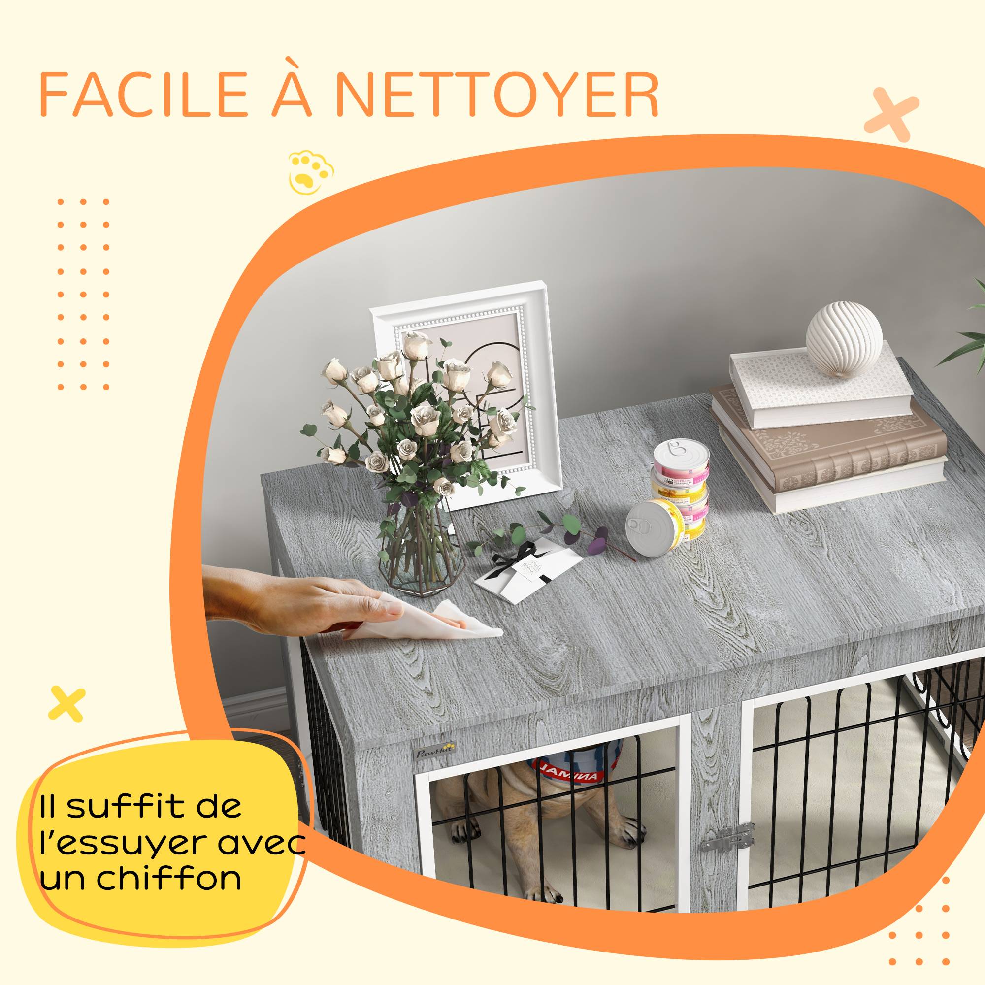 Cage chien intérieur Acier Bois Table d'appoint avec Coussin 90x58x65cm Gris - ComfortXL Outdoor Living - Image 9