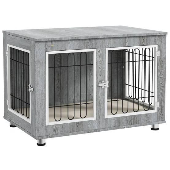 Cage chien intérieur Acier Bois Table d'appoint avec Coussin 90x58x65cm Gris - ComfortXL Outdoor Living - Image 1