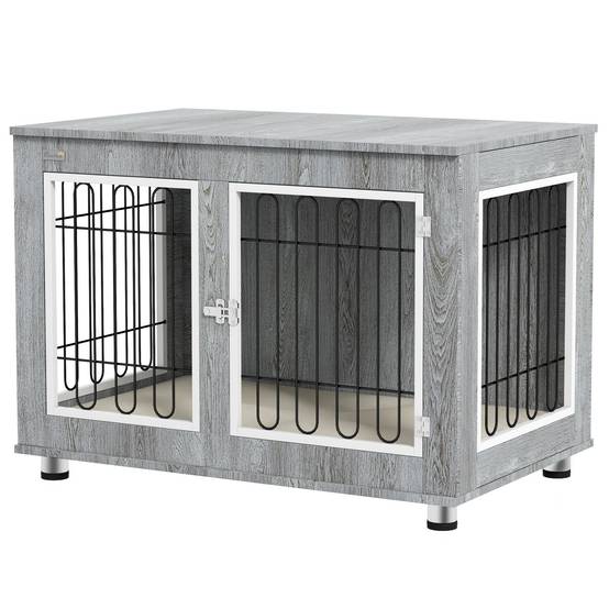 Cage chien intérieur Acier Bois Table d'appoint avec Coussin 90x58x65cm Gris - ComfortXL Outdoor Living - Image 2