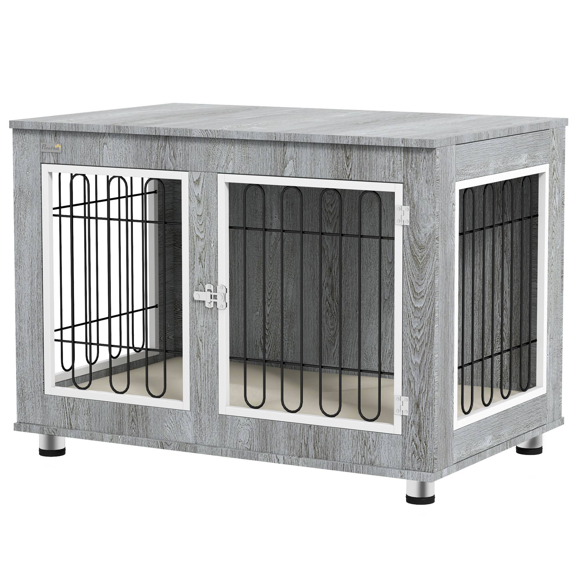 Cage chien intérieur Acier Bois Table d'appoint avec Coussin 90x58x65cm Gris - ComfortXL Outdoor Living - Image 2