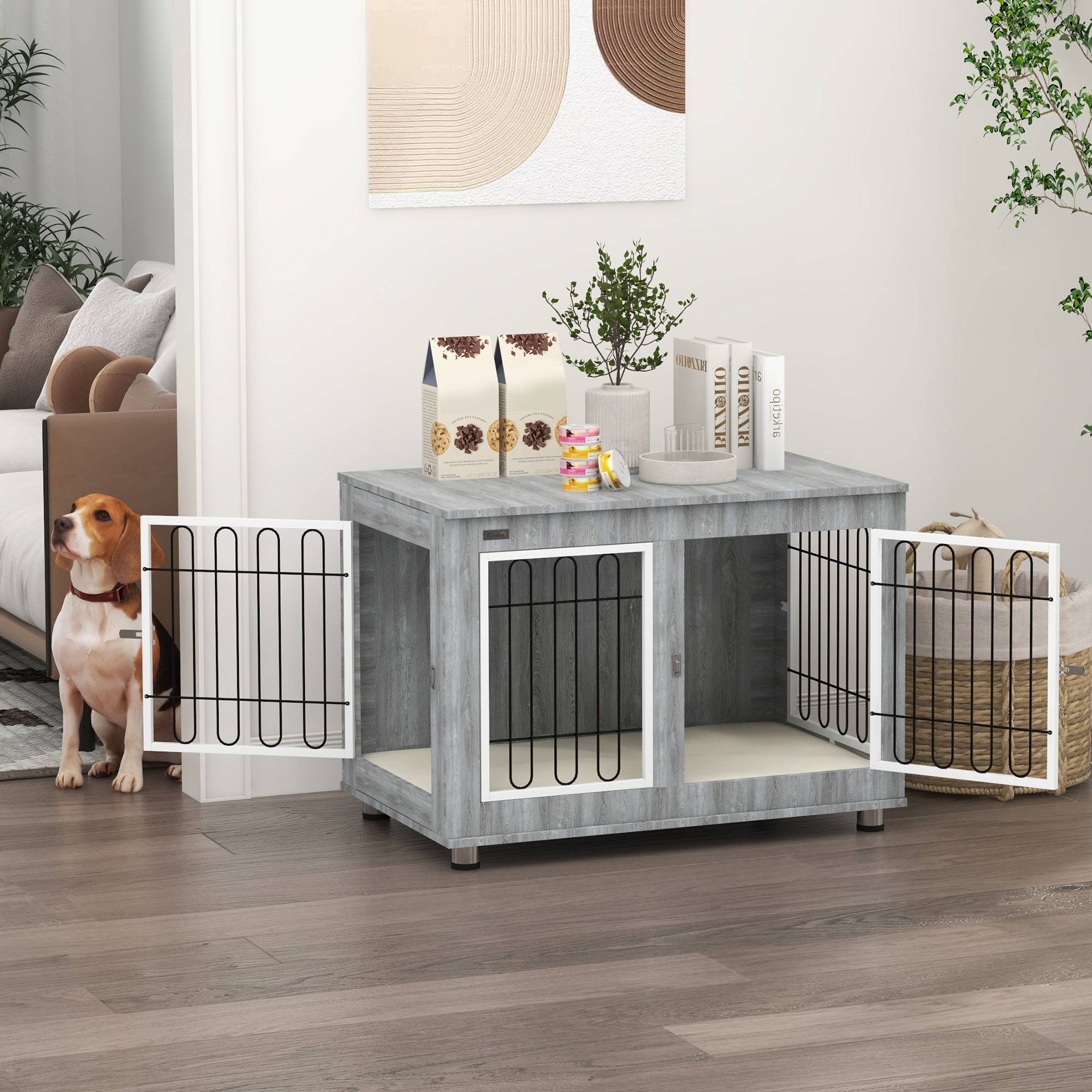 Cage chien intérieur Acier Bois Table d'appoint avec Coussin 90x58x65cm Gris - ComfortXL Outdoor Living - Image 4